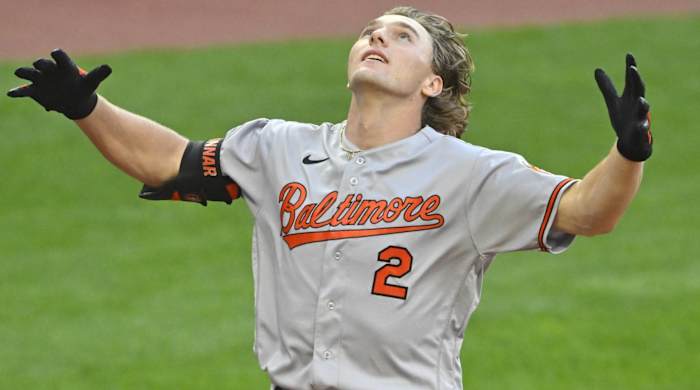 Gunnar Henderson looks to the sky after hitting his first career home run vs. Cleveland.